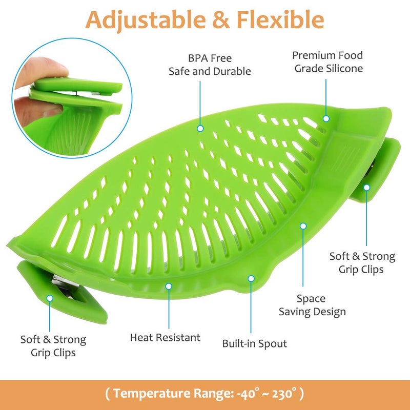 YEVIOR Clip on Strainer for Pots Pan Pasta, Silicone Food Strainer Hands-Free Pan Strainer, Clip-on Kitchen Food Strainer for Spaghetti, Pasta, Ground Beef Fits All Bowls and Pots (Green) - Image 2